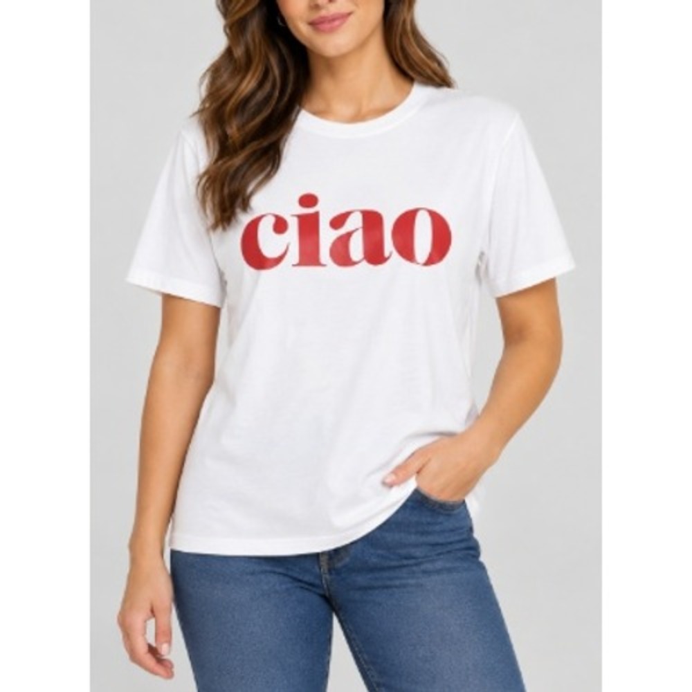 White Ciao Graphic Print Cropped T-Shirt Red Text Boxy Raw Hem Tee